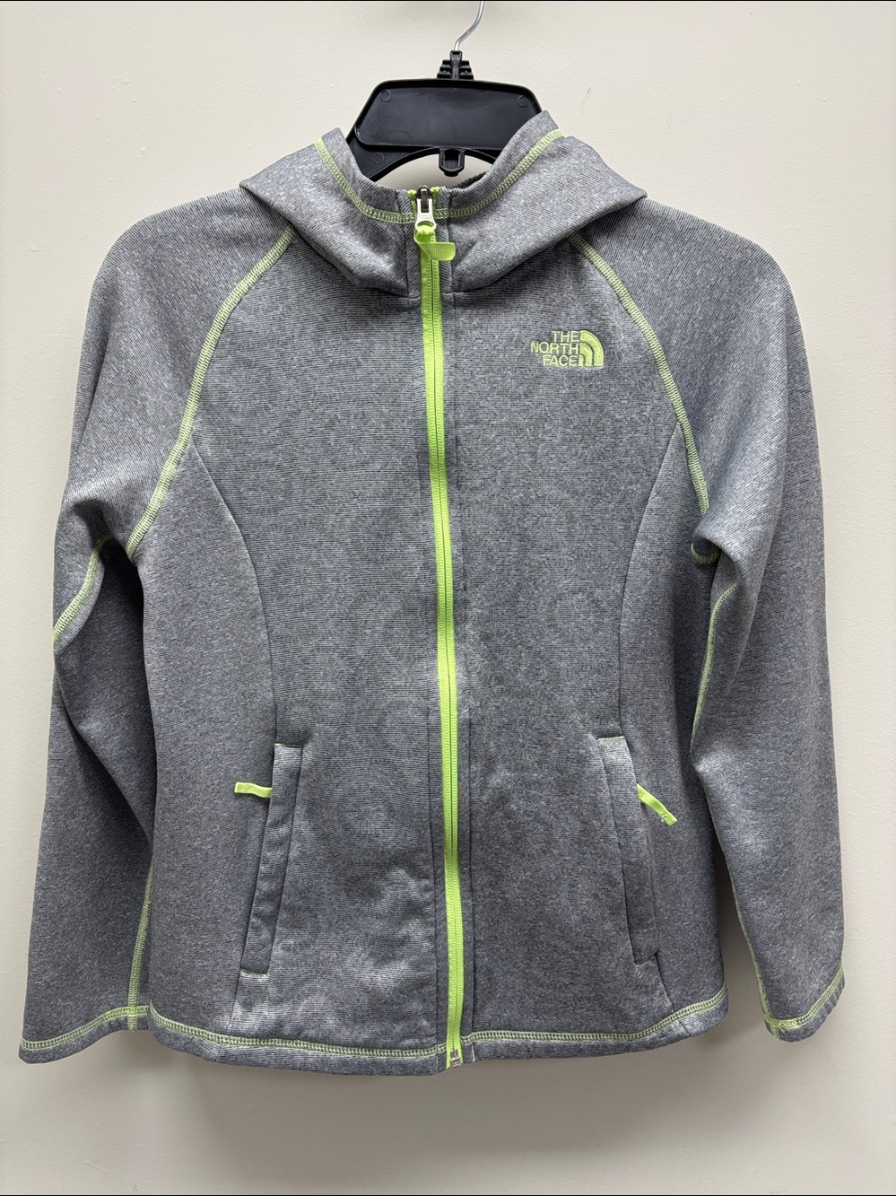 THE NORTH FACE Seashore Fleece Hoodie Full Zip Girls L 14/16 Gray Lime Green